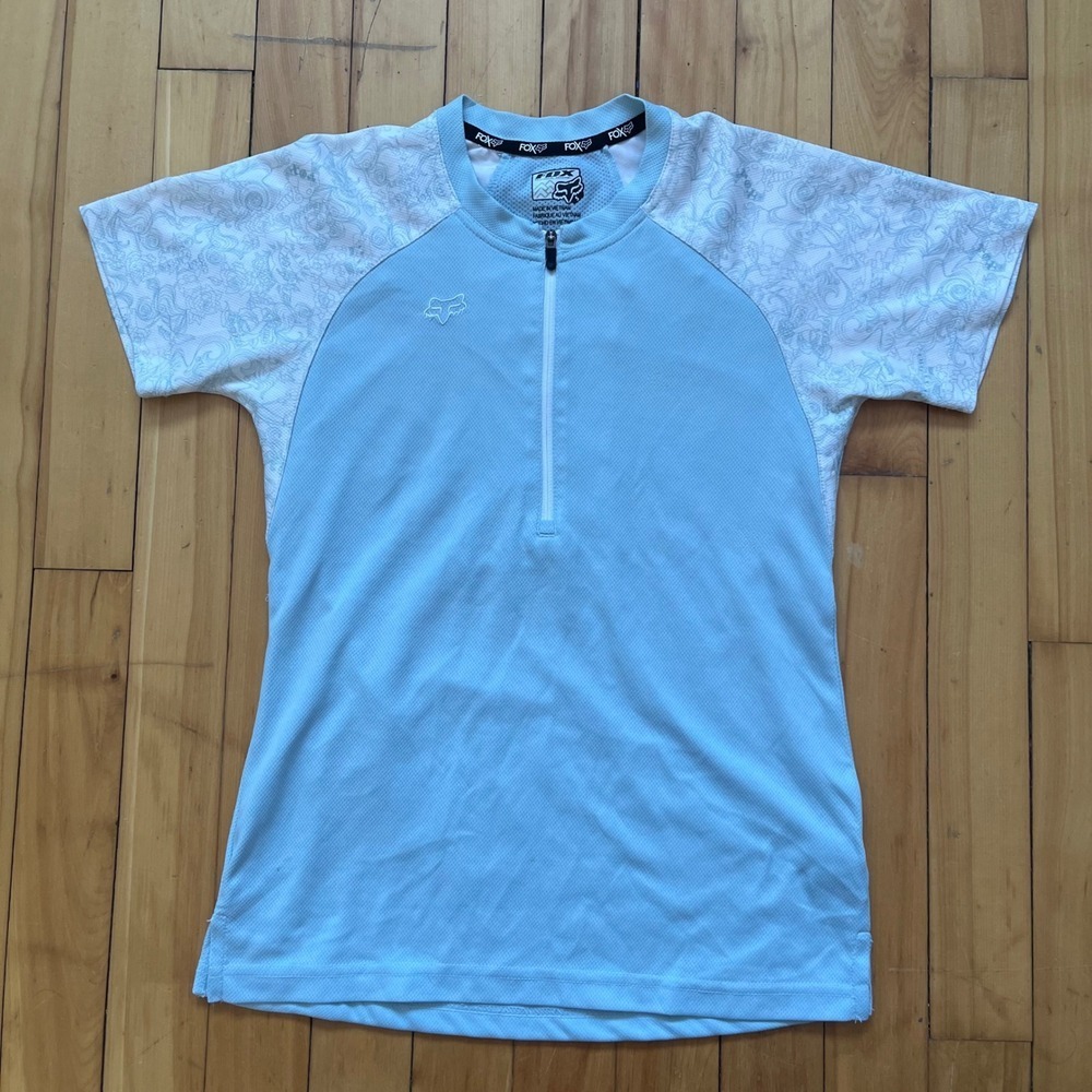 Fox Racing Womens Small Cycling Jersey Light Blue 1/4 Zip MTB Mesh Short Sleeve